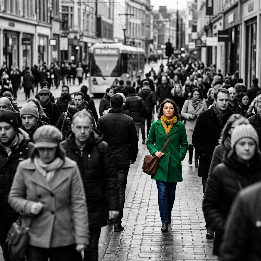 Woman in green coat walking through crowded city street